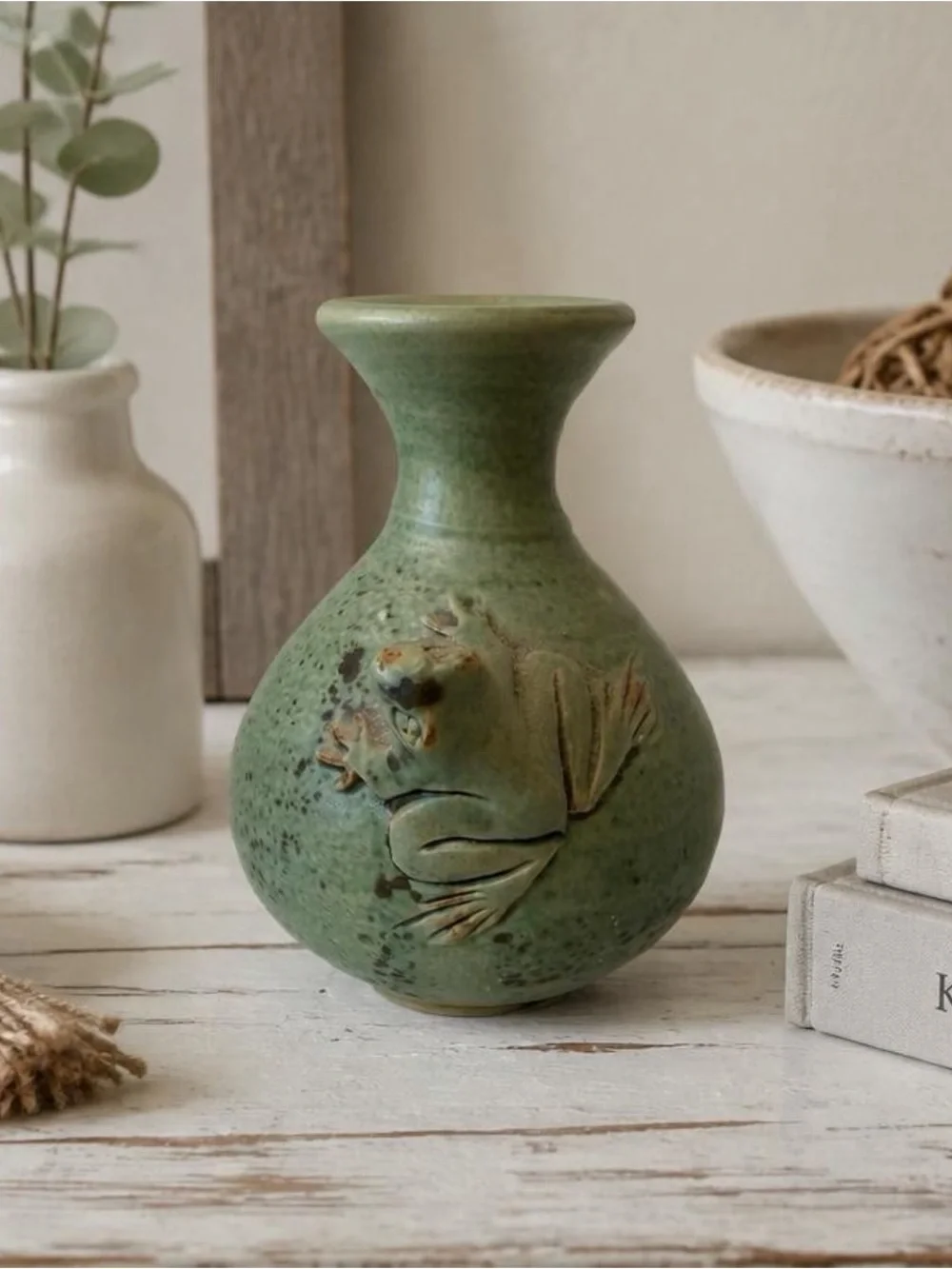 Indonesian handmade small bud vase Green Ceramic 3-D Frog Accent